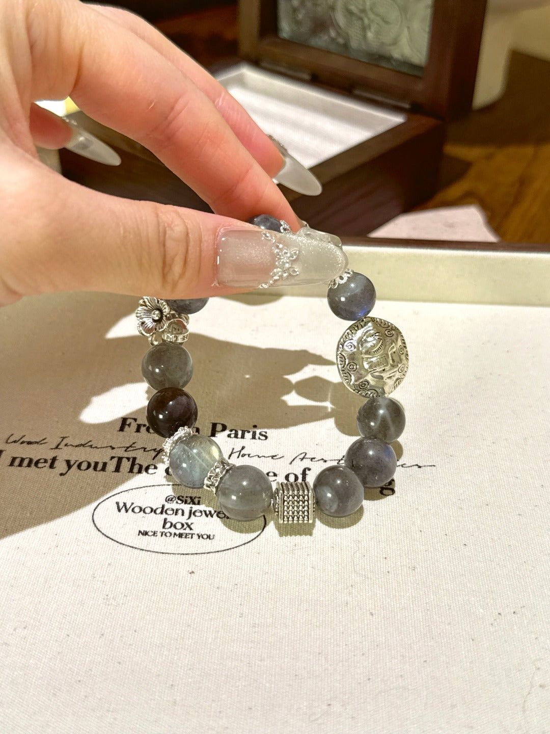 ▫️▪️ Labradorite silver obsidian white crystal bracelet